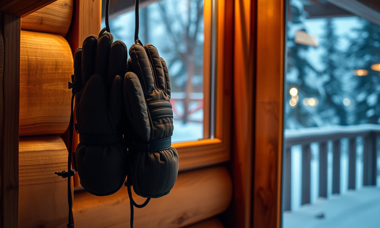 Lämpimät lasketteluhanskat ja rukkaset kuivumassa hyllyllä mökissä lumi näkyvissä ikkunasta
