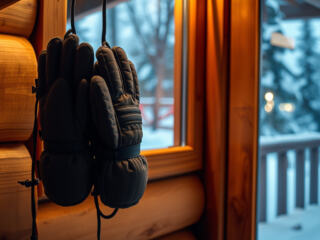 Lämpimät lasketteluhanskat ja rukkaset kuivumassa hyllyllä mökissä lumi näkyvissä ikkunasta