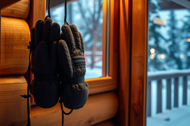Lämpimät lasketteluhanskat ja rukkaset kuivumassa hyllyllä mökissä lumi näkyvissä ikkunasta