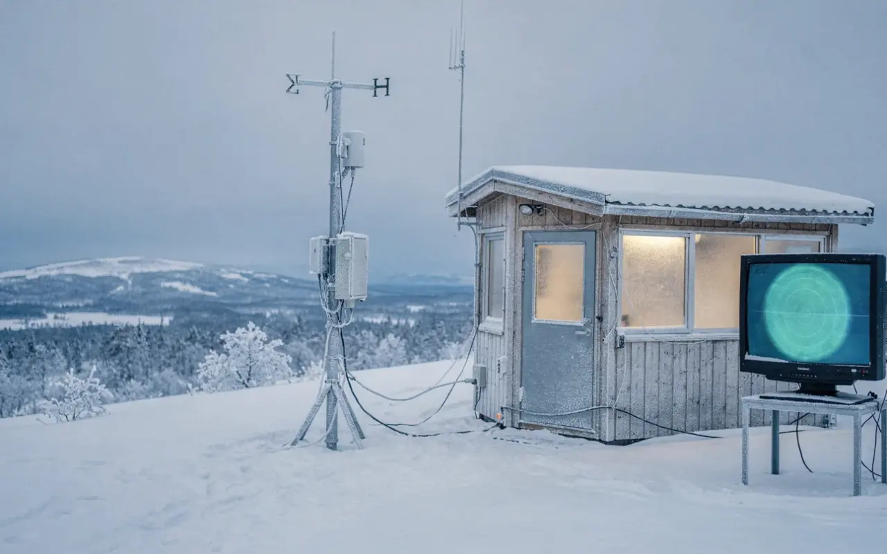 Kuvituskuva Rovaniemen sääennusteeseen: luminen asema, lämpömittari ja tutkakuvio.