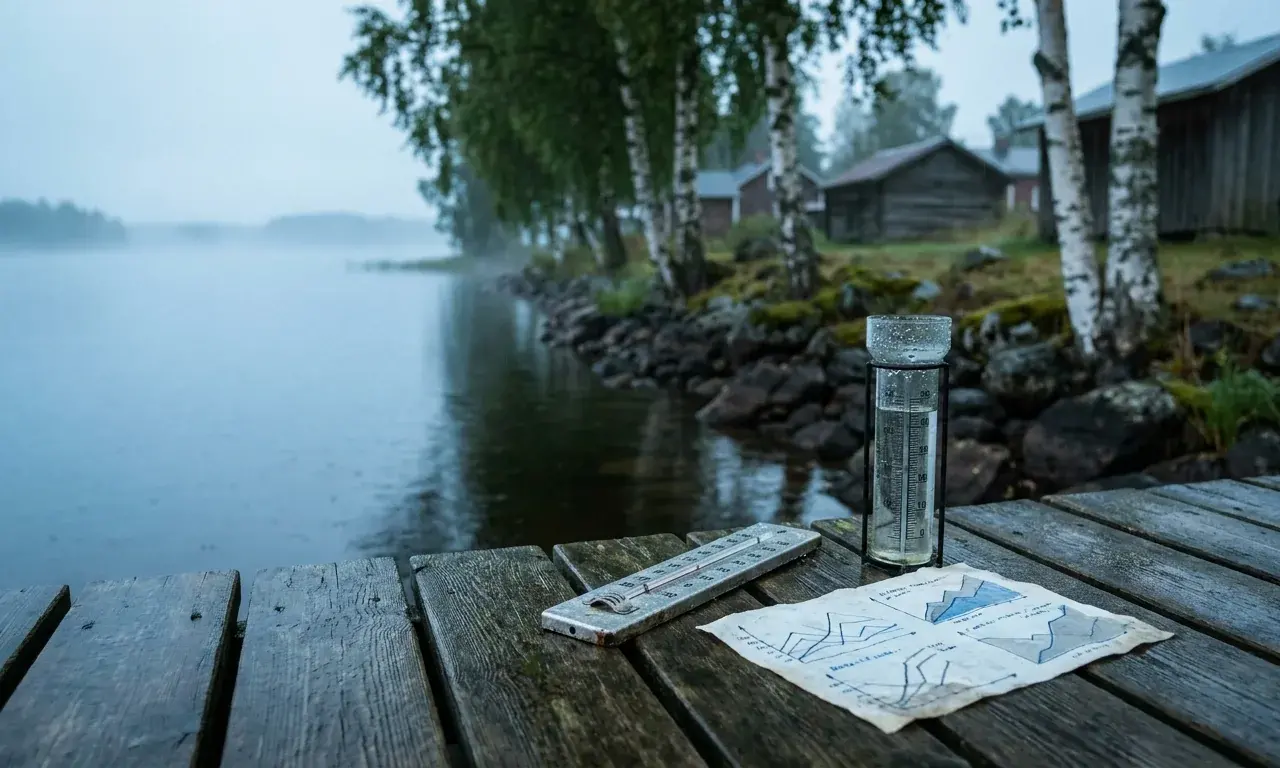 Kuvituskuva kymmenen vuorokauden ennusteeseen: järvimaisema, mittari ja abstraktit käyrät.