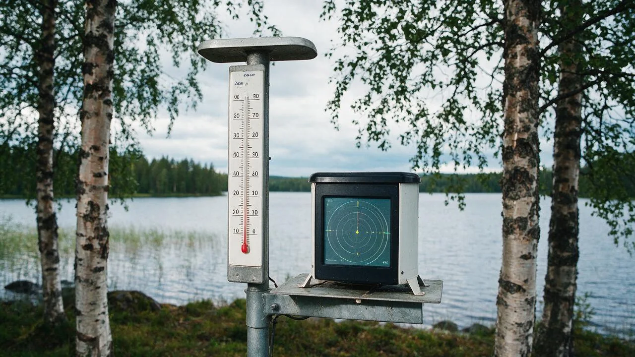 Kuvituskuva säätutkaan: mittari, järvimaisema ja abstrakti tutkakuva.