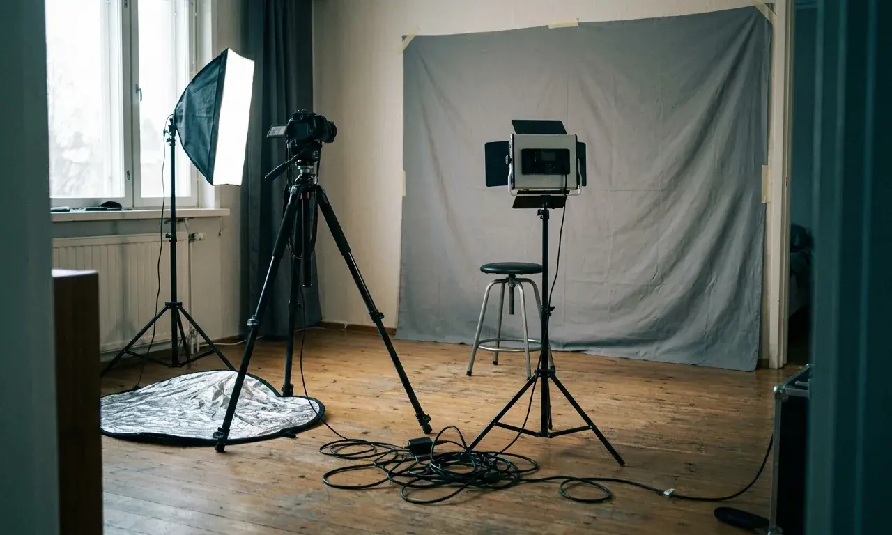 Kuvituskuva budjettistudiovaloista: pehmeä valolaatikko ja jalusta pienessä kuvaustilassa.