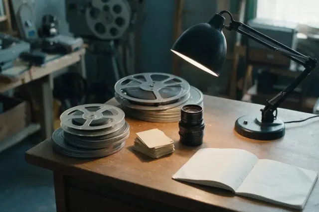 Kuvituskuva filmografiaan: filmikeloja, kortisto ja arkistopöytä ilman henkilökuvia.