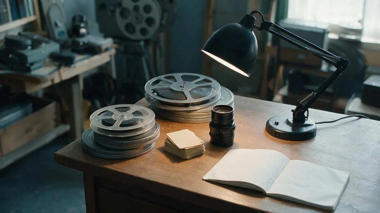 Kuvituskuva filmografiaan: filmikeloja, kortisto ja arkistopöytä ilman henkilökuvia.
