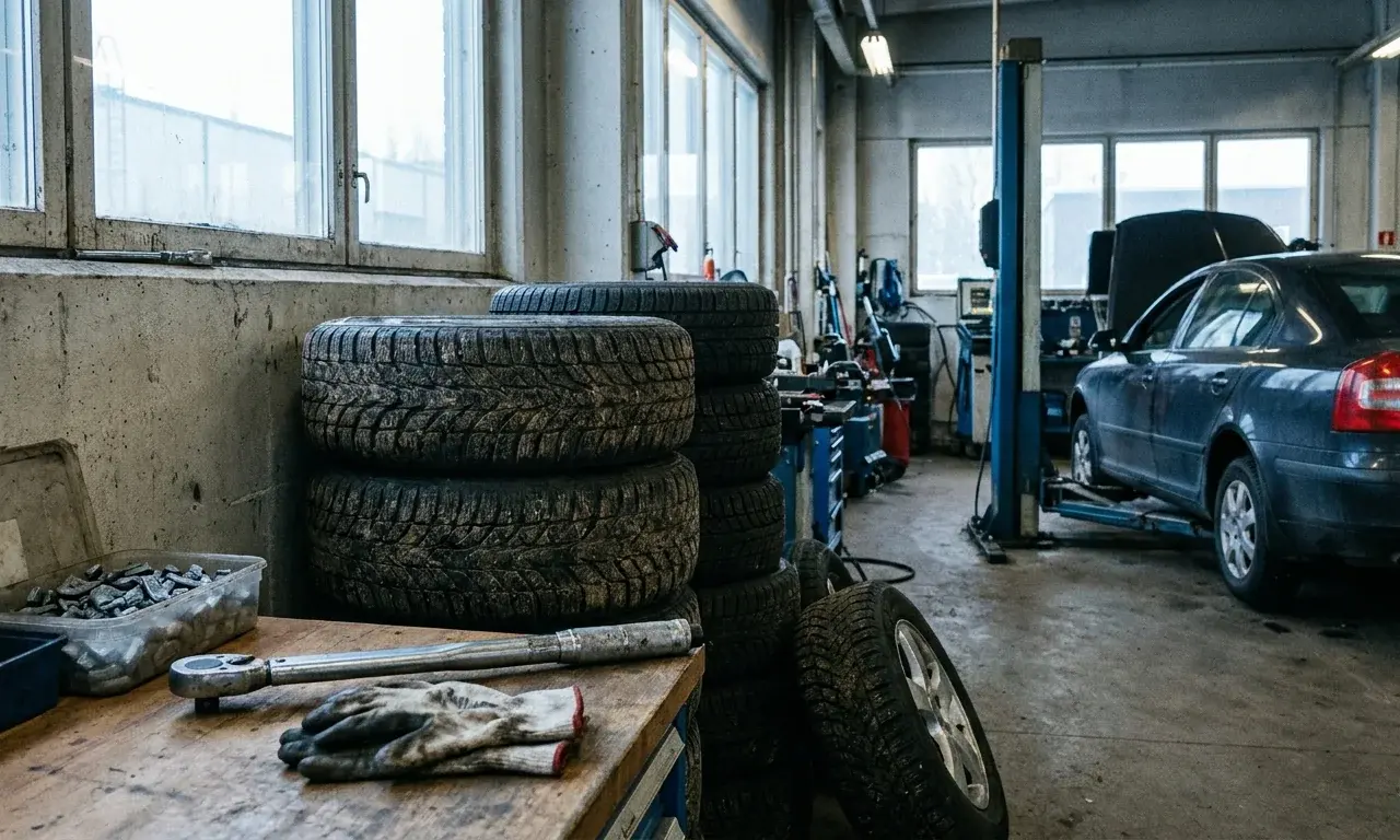 Kuvituskuva renkaiden vaihtoon: pinottuja renkaita ja työkaluja korjaamohallissa.
