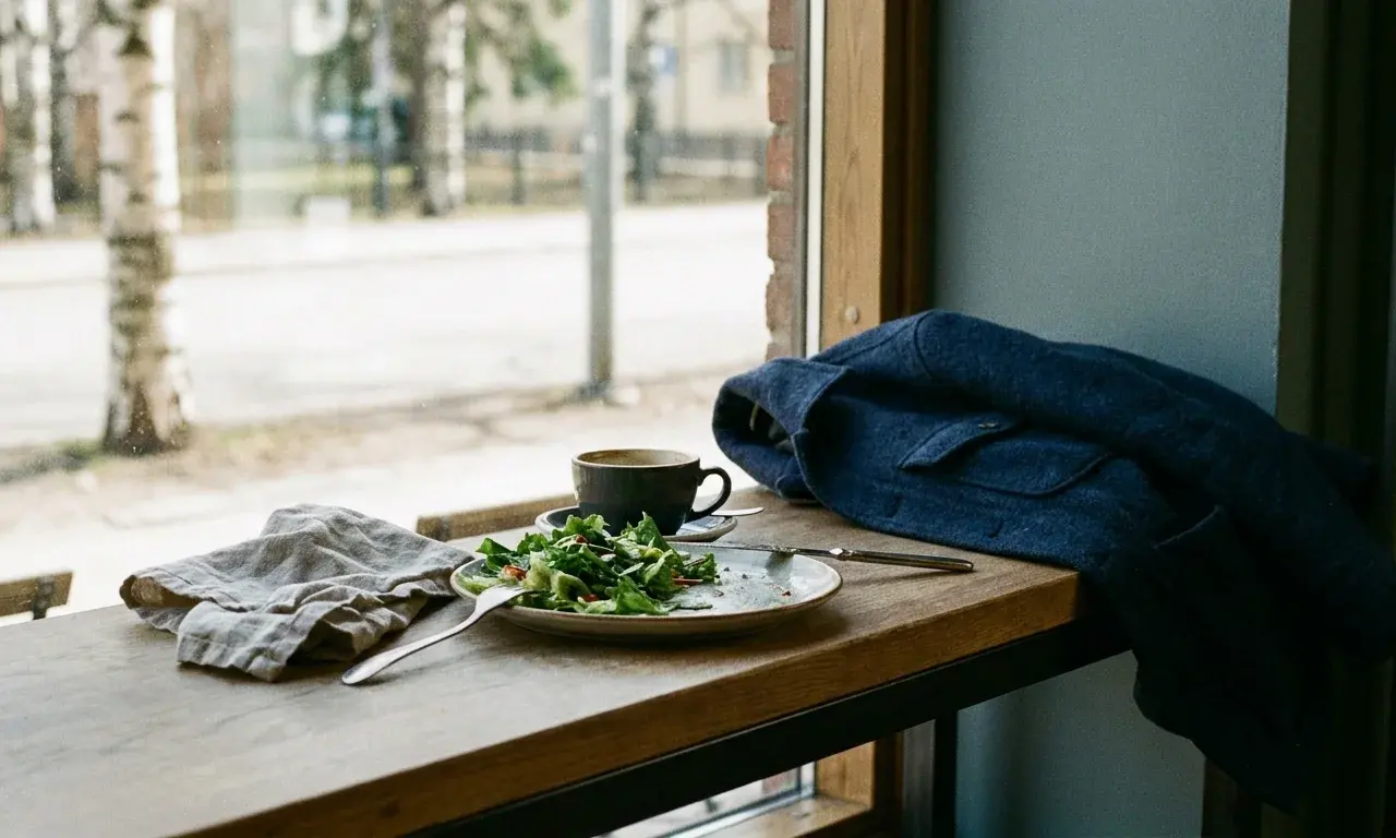 Kuvituskuva lounasravintolasta: salaatti, kahvikuppi ja ruokailuvälineet pöydällä.