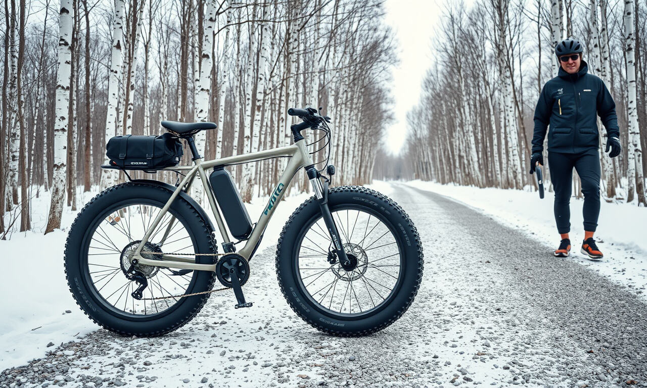 Talvisella polulla seisova leveäpyöräinen sähköfatbike, jonka runkoon on kiinnitetty akku, vierellä talviasuinen polkija