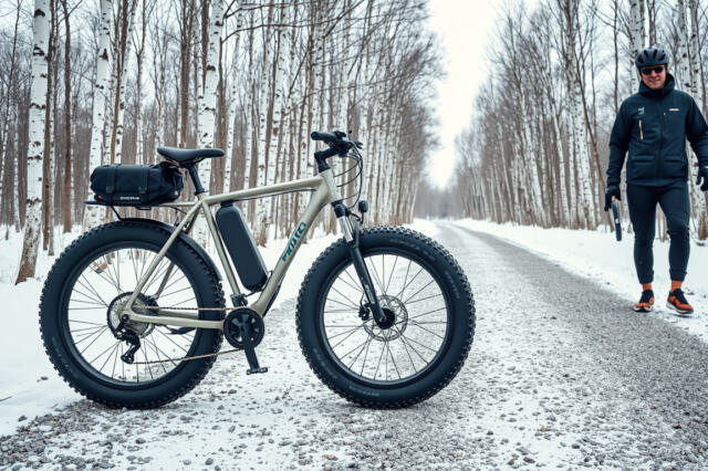 Talvisella polulla seisova leveäpyöräinen sähköfatbike, jonka runkoon on kiinnitetty akku, vierellä talviasuinen polkija