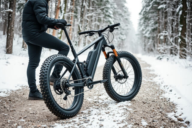 Leveärengainen sähköavusteinen fatbike pysäköituna lumiselle polulle ratsastajan säädettävä satulaa