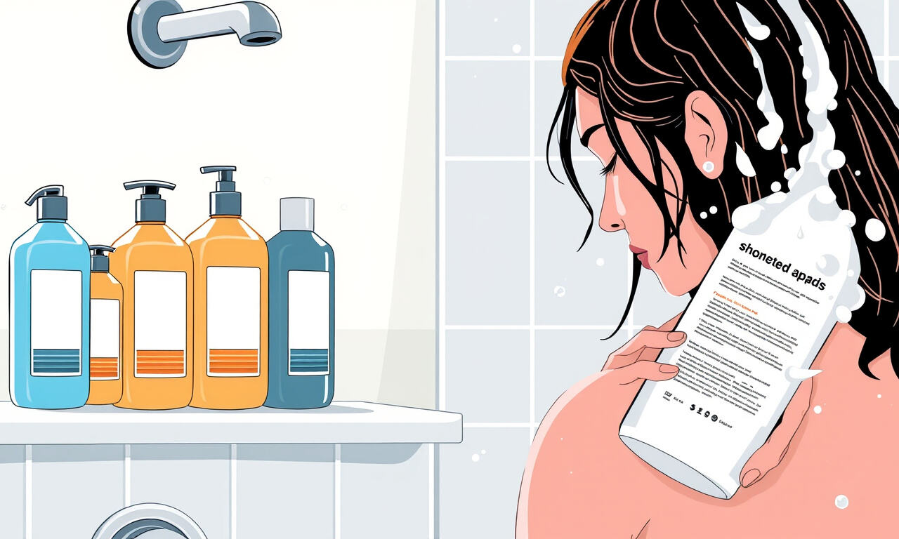 Henkilö lukee shampoopullon etikettiä suihkun yhteydessä, hyllyllä useita tunnattomia shampoo-pulloja