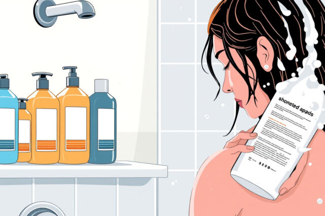 Henkilö lukee shampoopullon etikettiä suihkun yhteydessä, hyllyllä useita tunnattomia shampoo-pulloja