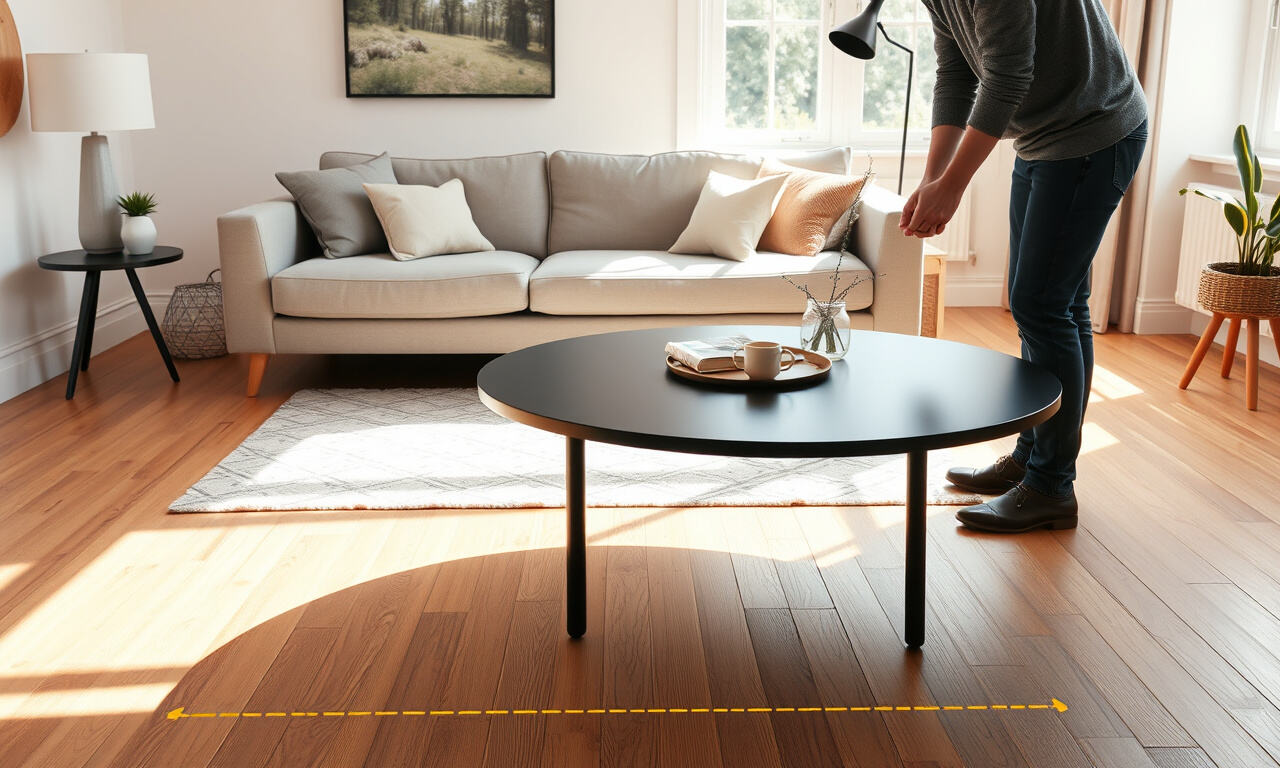 Pyöreä musta sohvapöytä sohvan edessä valoisassa olohuoneessa, lattialla teipattu ääriviivat pöydän koosta